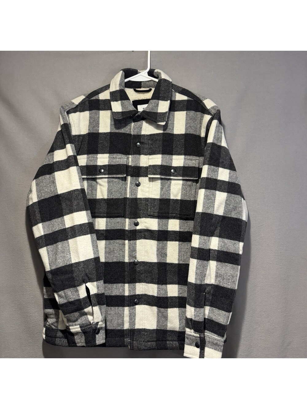 Old Navy Flannel Shirt Jacket Men's SM Black White Plaid Sherpa Lined Snap Front